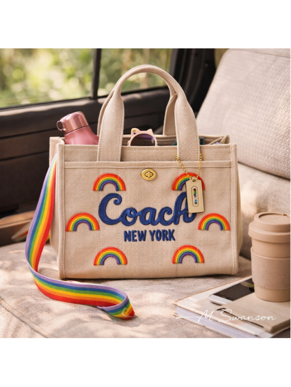 NEW Coach Rainbow Embroidered Canvas Cargo Tote 26 CBF52 Brass Dark Natural NWT